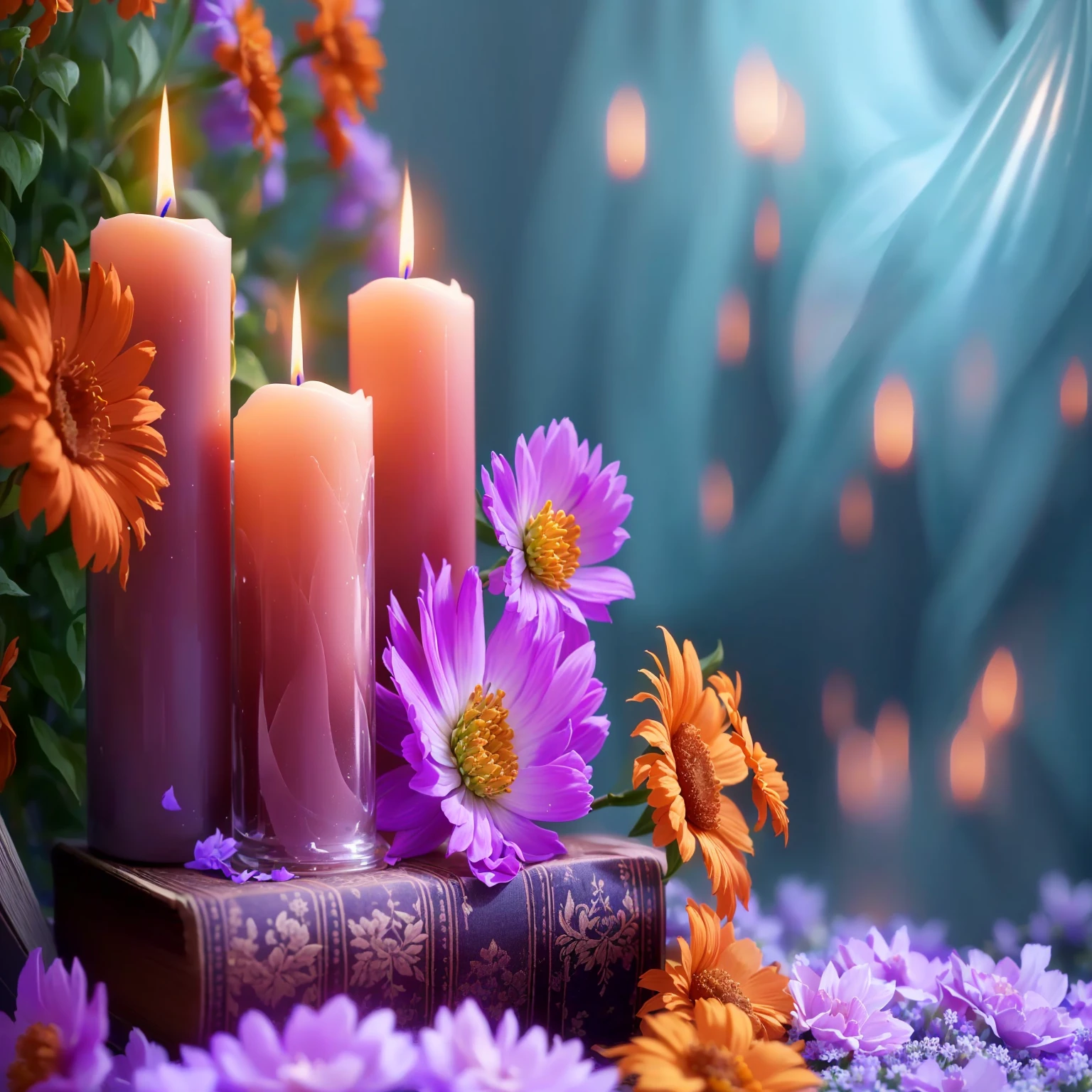 Purple flowers and a candle are placed on a book with a candle, Relaxed atmosphere, relaxed mood, High-resolution wallpapers, Peaceful atmosphere, Beautiful Wallpapers, Very beautiful photos, Magical colorful flowers, Relaxing environment, Glowing Candles, Beautiful atmosphere, books and flowers, Candlelight, Warm and beautiful scenery, Beautiful atmosphere, Peaceful environment, Romantic atmosphere, Light a candle, Romantic atmosphere