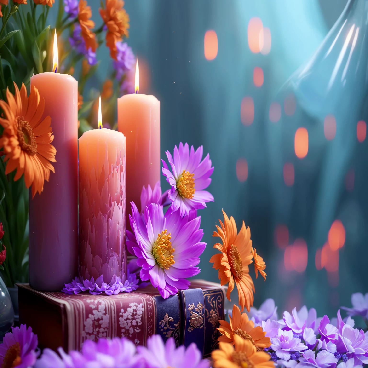 Purple flowers and a candle are placed on a book with a candle, Relaxed atmosphere, relaxed mood, High-resolution wallpapers, Peaceful atmosphere, Beautiful Wallpapers, Very beautiful photos, Magical colorful flowers, Relaxing environment, Glowing Candles, Beautiful atmosphere, books and flowers, Candlelight, Warm and beautiful scenery, Beautiful atmosphere, Peaceful environment, Romantic atmosphere, Light a candle, Romantic atmosphere