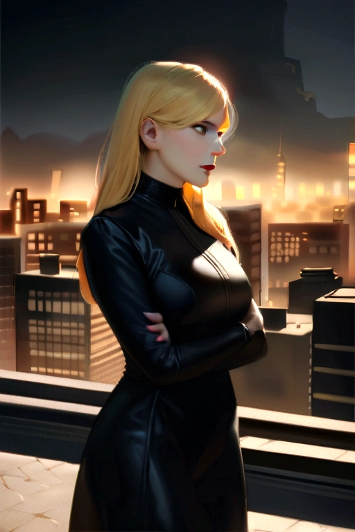 (Most realistic, high quality) Katee Sackhoff's portrayal of Black Canary (Dressed in classic yellow and black outfit), Standing on a rooftop with the city skyline in the background, Film noir atmosphere and roughness々Cool atmosphere, Capture their heroic and radical personalities.
