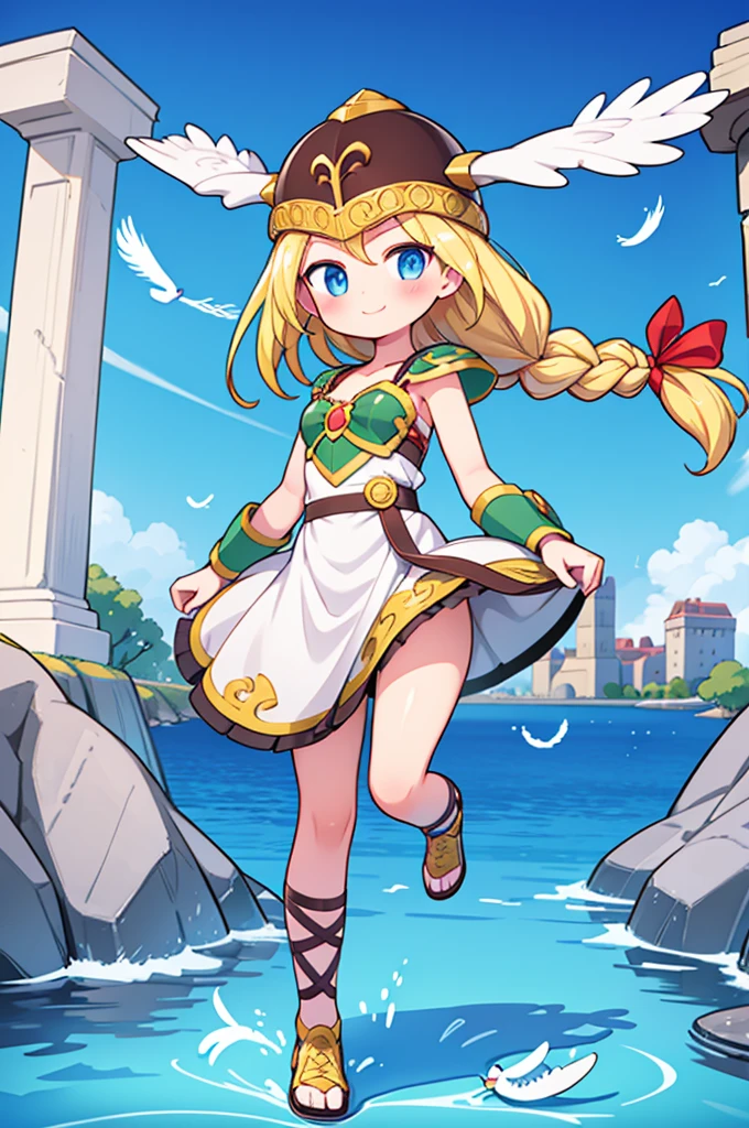 one girl, Valkyrie, blonde, single braid, cute, happy, nice smile, young, bright sunlight, Full body image, Are standing, (masterpiece:1.2), best quality, masterpiece, top quality, looking at viewer, castle, castle gate, flowers, shining eyes, blush, white bird, feathers, sky, helmet, jump up and down,