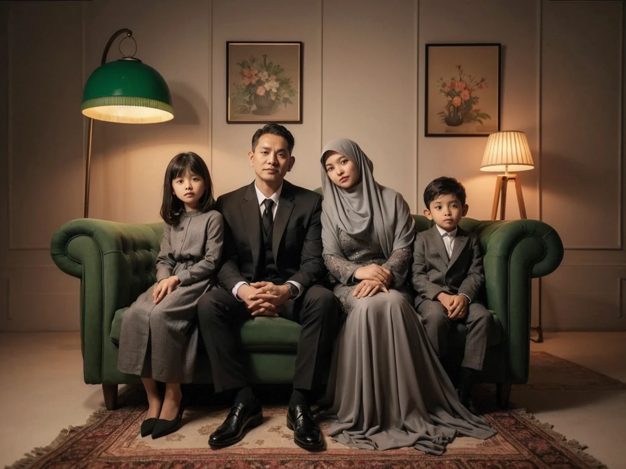 Family photo in Indonesia, four members, father and mother aged 45 years, one 7-year-old daughter and one 3-year-old son. They are wearing matching black suits and gray sharia-style dresses, taken in a luxurious photo studio with abstract background, adorned with green flower vases and lamps, sitting on a sofa with good lighting, realistic, best photography, UHD, 32k 