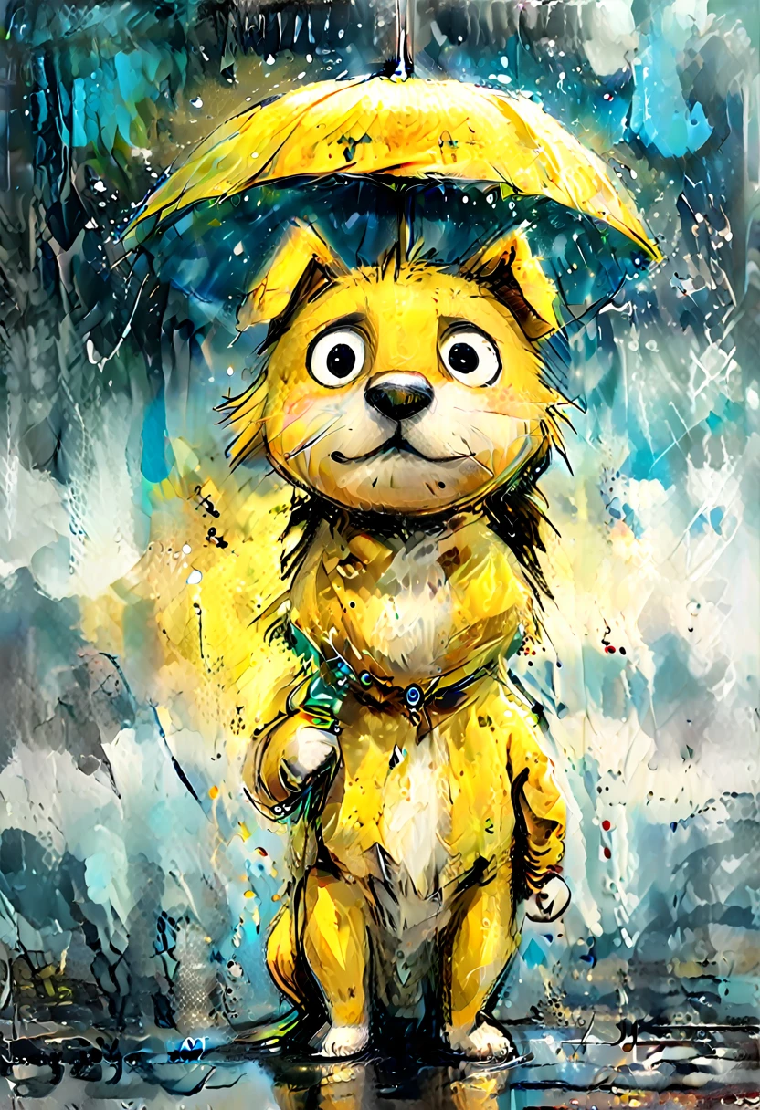 striking colorful painting of a cute drawing of a in the rain holding a yellow umbrella, highy detailed, 8K, Spitz, proffesional, clearing, hight contrast, crystal clearing