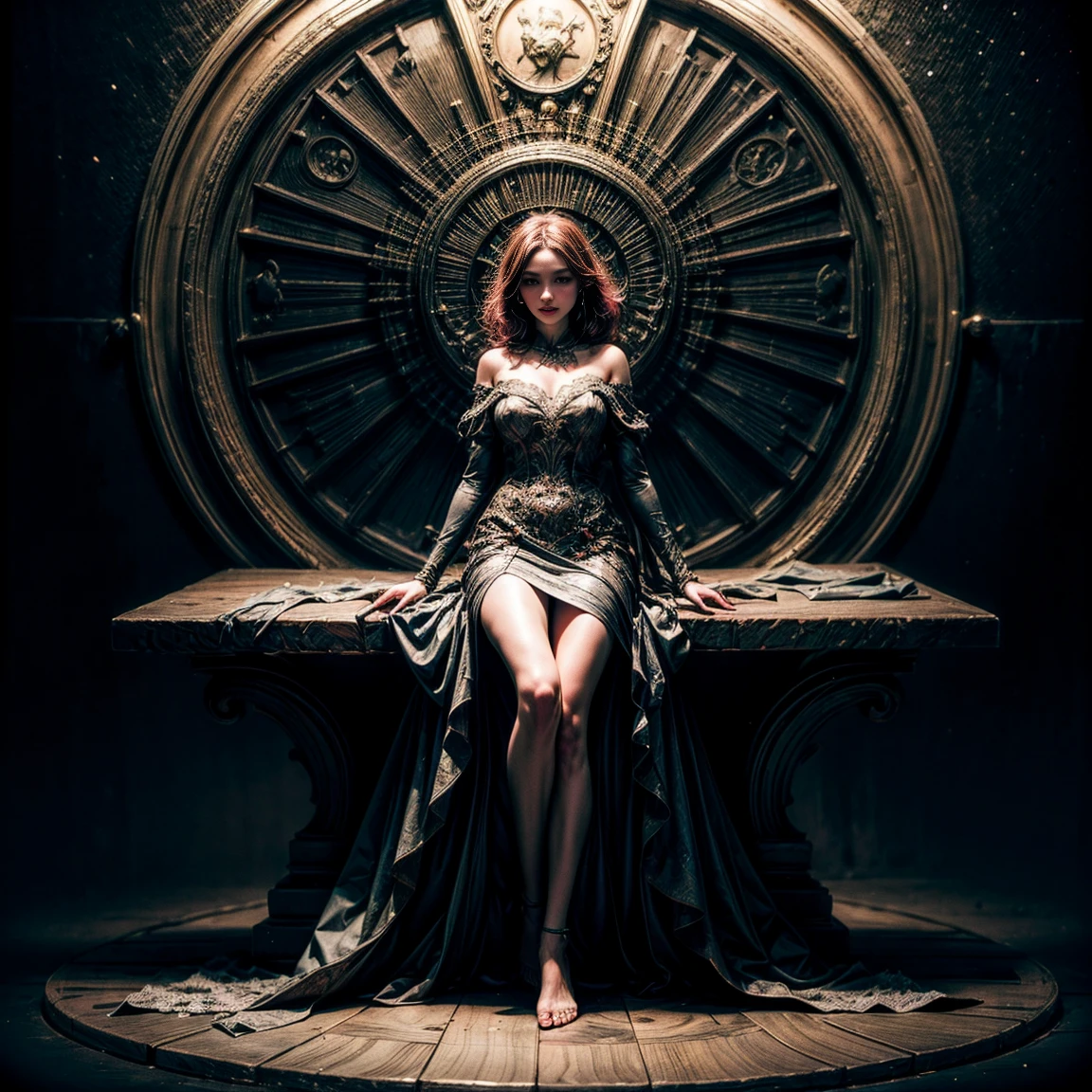 Photoshoot of a Beautiful full body woman in Wonder dress made of shimer and ethereal fabric from the Christmas Retro-Futuristic, Art Nouveau, double exposure. lines art, dark fantasy, acrylic masterpiece in the style of Craola, Andy Kehoe, Dorian Vallejo, Damian Lechoszest, Todd Lockwood.