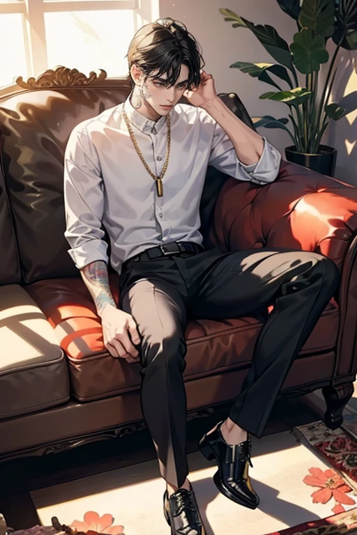 1 boy, a man with tattoos sitting on a couch, handsome, handsome male, Perfect male body, black hair, leather shoes, serious expression, Sanpaku, highest quality, ray tracing, dramatic shadows, gold chain,floral shirt,