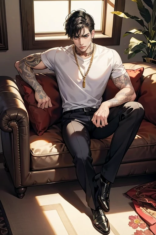 1 , a man with tattoos sitting on a couch, handsome, handsome male, Perfect male body, black hair, leather shoes, serious expression, Sanpaku, highest quality, ray tracing, dramatic shadows, gold chain,floral shirt, 