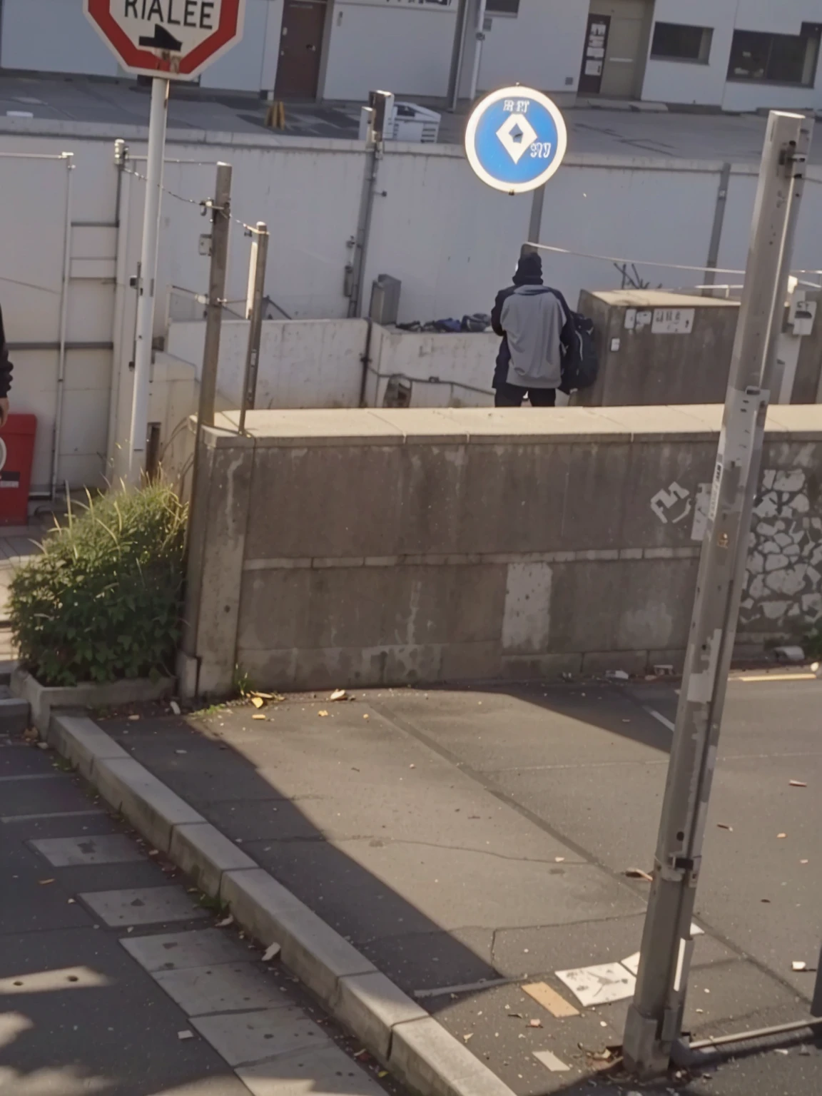 There is a man walking down the street with a suitcase., low quality footage, very very low quality picture, still video, low quality video, Person in the foreground, taken in the early 2020s, very very low quality, standing in an alley, masked person in the corner, realistic footage, set in the parking lot of the bank of tokyo, looking around a corner