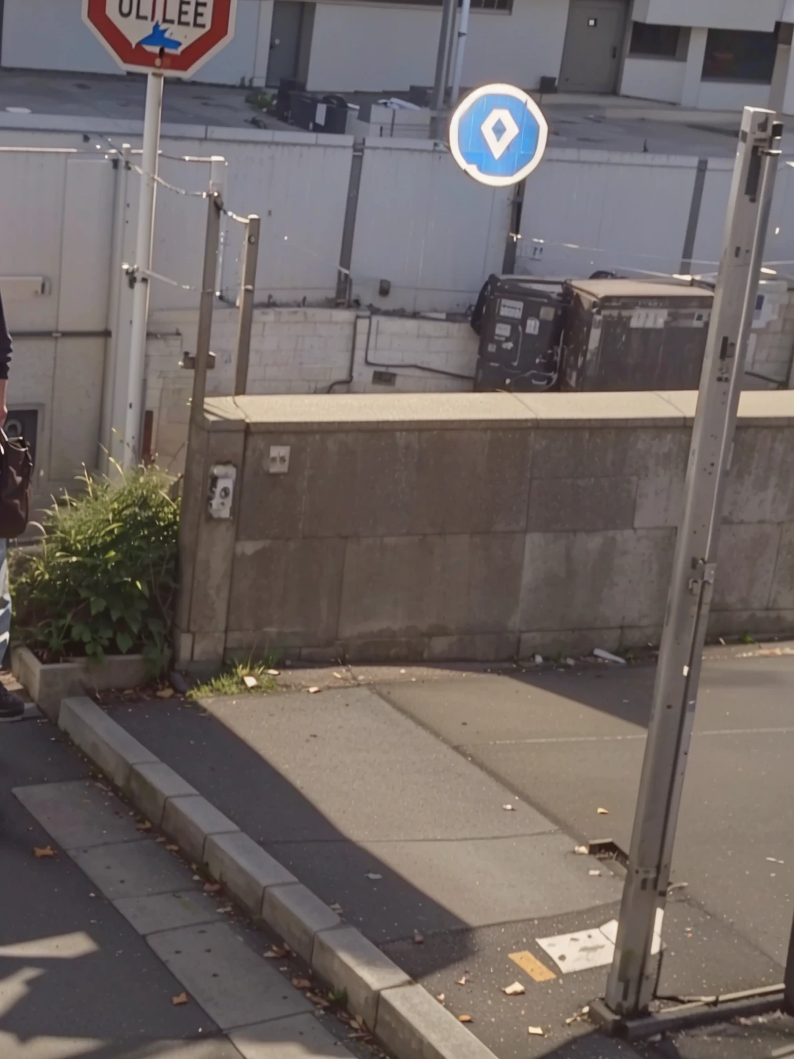 There is a man walking down the street with a suitcase., low quality footage, very very low quality picture, still video, low quality video, Person in the foreground, taken in the early 2020s, very very low quality, standing in an alley, masked person in the corner, realistic footage, set in the parking lot of the bank of tokyo, looking around a corner