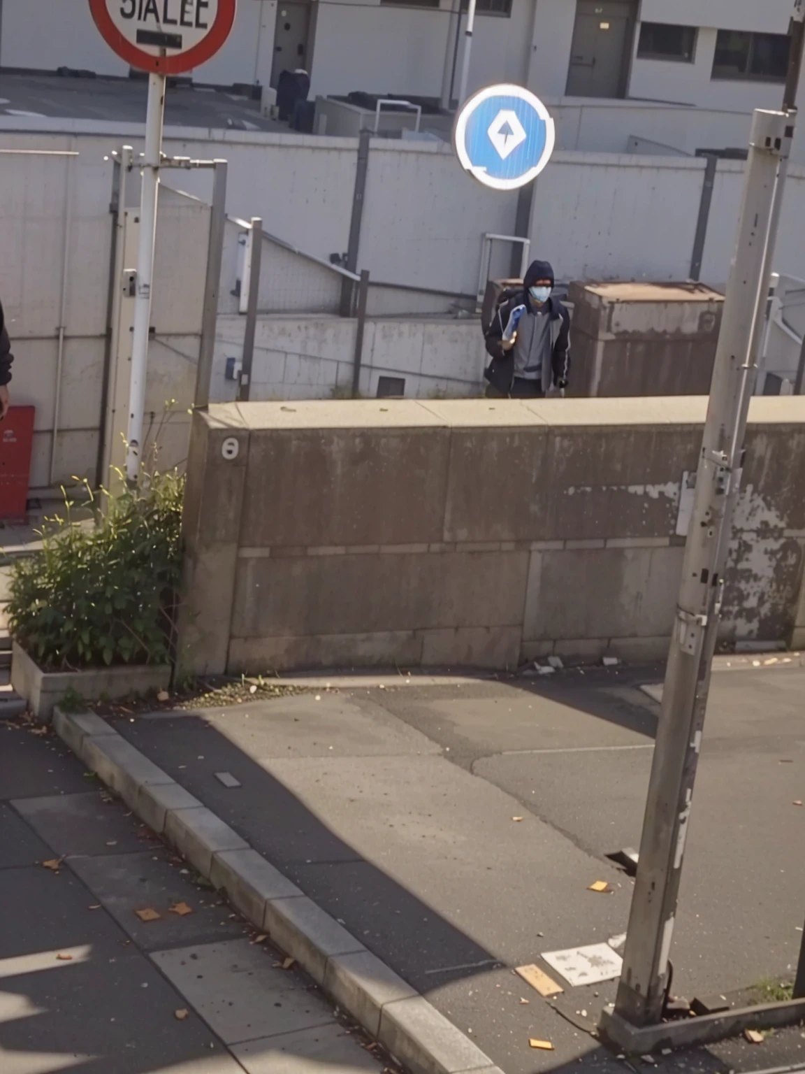 There is a man walking down the street with a suitcase., low quality footage, very very low quality picture, still video, low quality video, Person in the foreground, taken in the early 2020s, very very low quality, standing in an alley, masked person in the corner, realistic footage, set in the parking lot of the bank of tokyo, looking around a corner