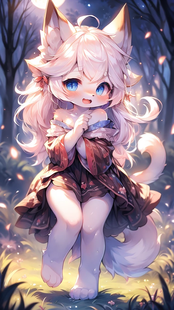 Extremely detailed, beautiful, Fair, masterpiece, best quality, Calming color palette, Peace of mind,White flull,fluffy white tail, blush,HD Wallpapers,16k resolution, Deep blue eyes,Like the eyes of the galaxy,hairy尾巴,Pink cat ears,Plush body,paw,hairy,浑身hairy,Long legs,blush,Open your mouth,Loose clothing,Off-shoulder,White hair,grassland,moonlight,fox,like,charming,cute,White Silk