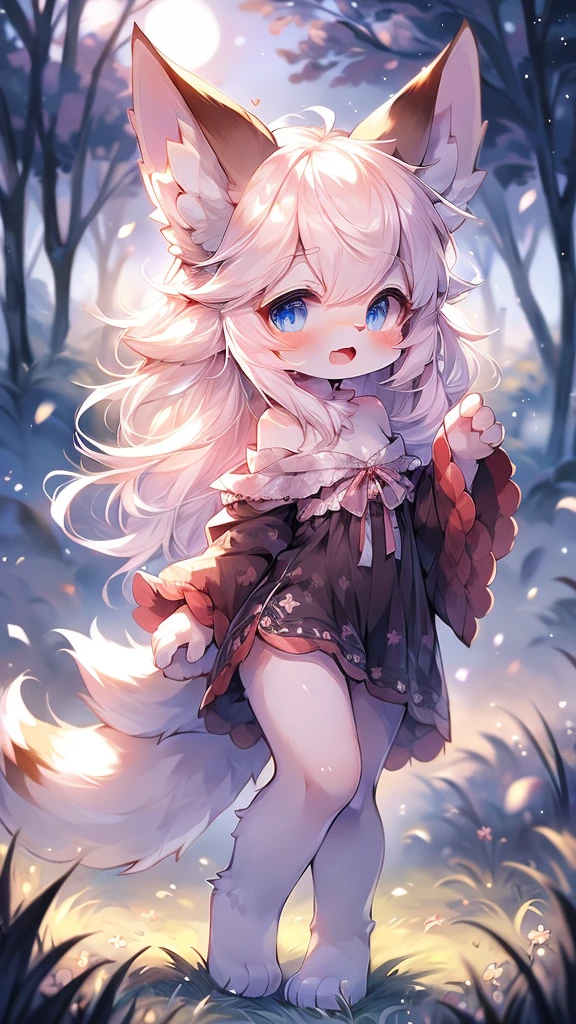 Extremely detailed, beautiful, Fair, masterpiece, best quality, Calming color palette, Peace of mind,White flull,fluffy white tail, blush,HD Wallpapers,16k resolution, Deep blue eyes,Like the eyes of the galaxy,hairy尾巴,Pink cat ears,Plush body,paw,hairy,浑身hairy,Long legs,blush,Open your mouth,Loose clothing,Off-shoulder,White hair,grassland,moonlight,fox,like,charming,cute,White Silk