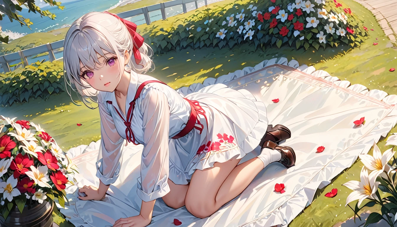 (detailedな美しい目とdetailedな顔、masterpieceサイドライト、masterpiece、Highest quality、detailed、High resolution illustrations)、(1 Girl、beautiful girl、Skin gloss)、(Silver-white hair、Pink Eyes、skirt、ribbon、Button-down shirt)(Kneel on the ground)