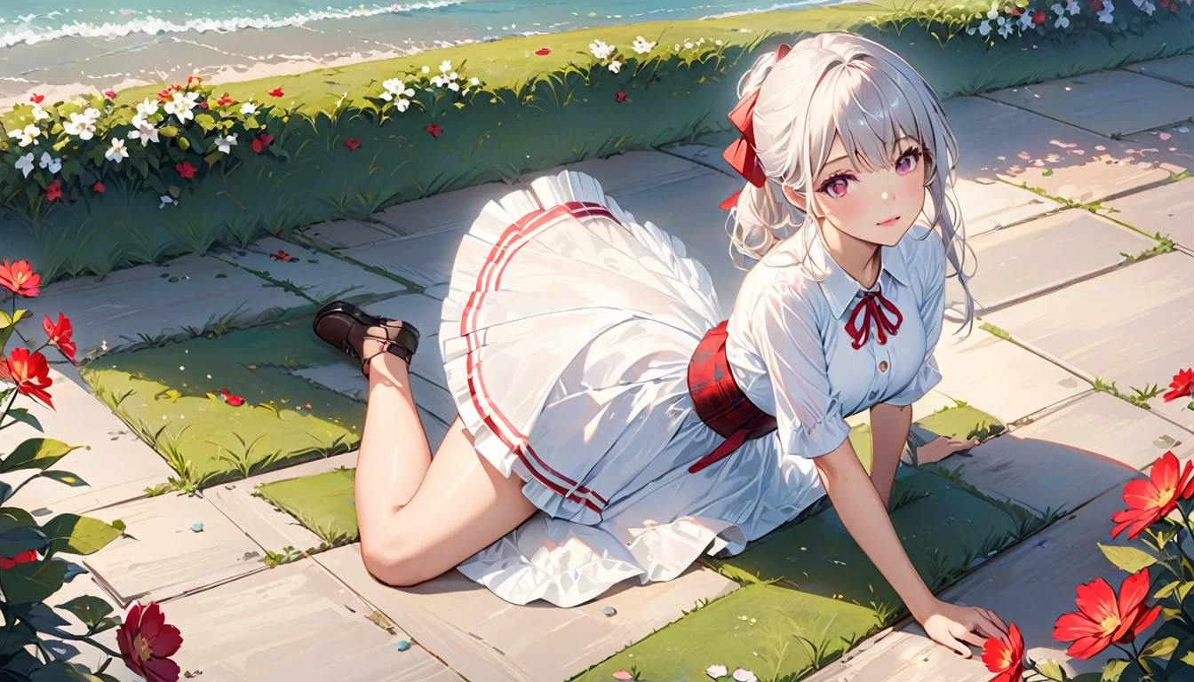 (detailedな美しい目とdetailedな顔、masterpieceサイドライト、masterpiece、Highest quality、detailed、High resolution illustrations)、(1 Girl、beautiful girl、Skin gloss)、(Silver-white hair、Pink Eyes、skirt、ribbon、Button-down shirt)(Kneel on the ground)