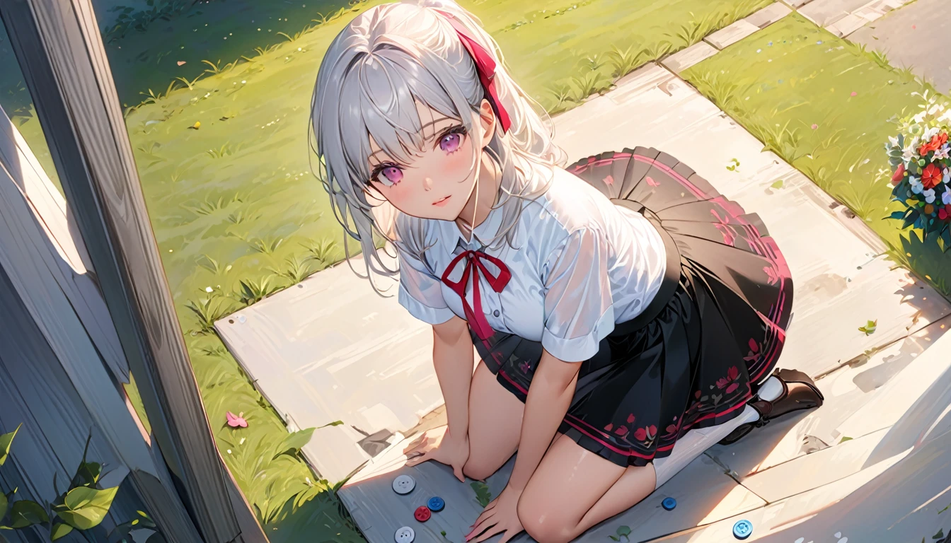 (detailedな美しい目とdetailedな顔、masterpieceサイドライト、masterpiece、Highest quality、detailed、High resolution illustrations)、(1 Girl、beautiful girl、Skin gloss)、(Silver-white hair、Pink Eyes、skirt、ribbon、Button-down shirt)(Kneel on the ground)