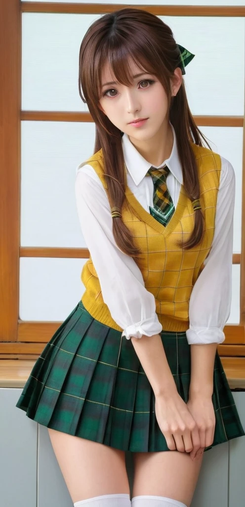 (Masterpiece, Best Quality:1.2), 1 girl, Alone,standing_to divide,
Mikan Yuuki, Brown eyes, Brown hair, hair ornament,wide,green plaid skirt, Sainan High , , White shirt, yellow sweater vest,No panties