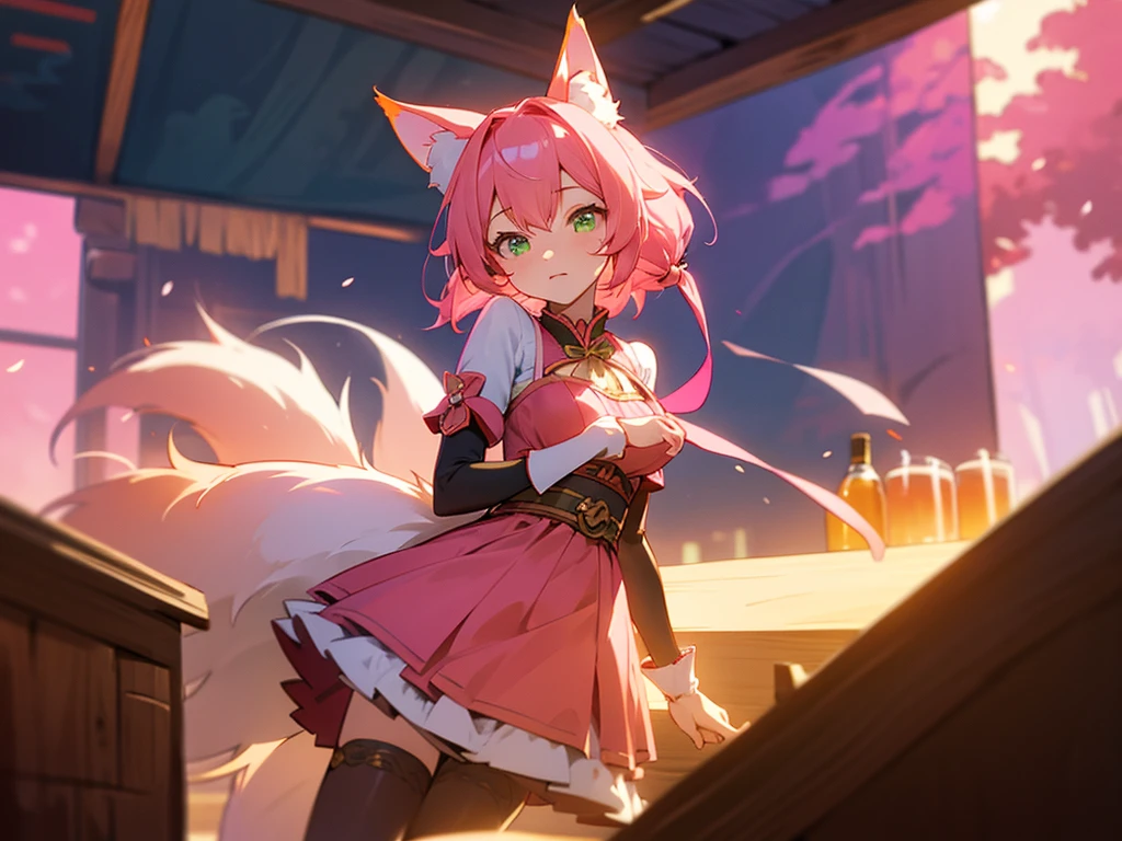 kitsune idol in a tavern, foxgirl, pink fox ears, pink fox tails, pink hair, green eyes, light blue idol dress, tavern background, high quality, masterpiece