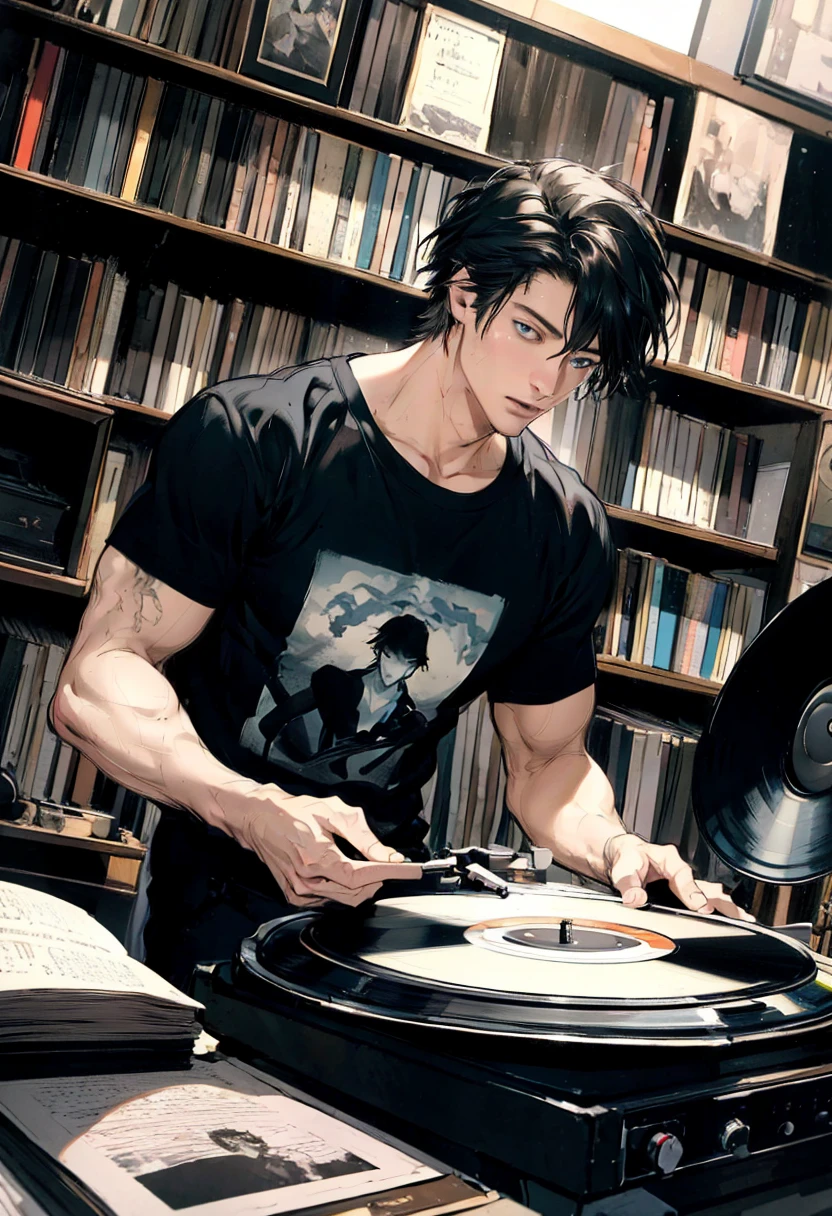 a handsome man in his 20s, short black hair, blue eyes, sitting in a comfortable chair, listening to music on a record player, wearing a t-shirt, manuscript papers scattered around, (best quality,4k,8k,highres,masterpiece:1.2),ultra-detailed,(realistic,photorealistic,photo-realistic:1.37),HDR,UHD,studio lighting,ultra-fine painting,sharp focus,physically-based rendering,extreme detail description,professional,vivid colors,bokeh,portrait