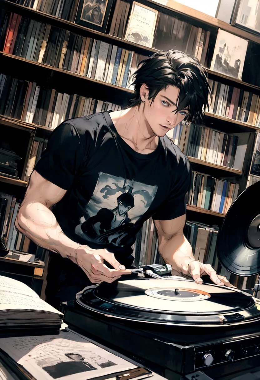 a handsome man in his 20s, short black hair, blue eyes, sitting in a comfortable chair, listening to music on a record player, wearing a t-shirt, manuscript papers scattered around, (best quality,4k,8k,highres,masterpiece:1.2),ultra-detailed,(realistic,photorealistic,photo-realistic:1.37),HDR,UHD,studio lighting,ultra-fine painting,sharp focus,physically-based rendering,extreme detail description,professional,vivid colors,bokeh,portrait