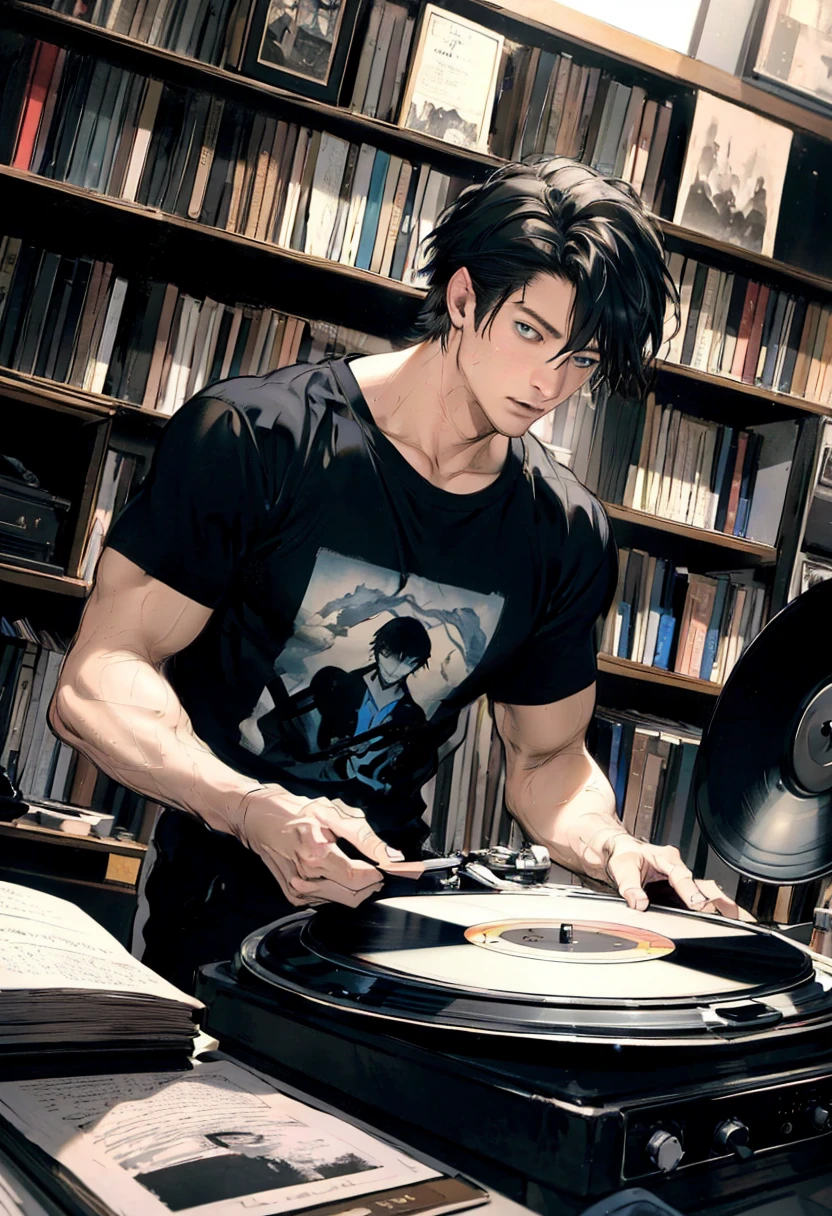 a handsome man in his 20s, short black hair, blue eyes, sitting in a comfortable chair, listening to music on a record player, wearing a t-shirt, manuscript papers scattered around, (best quality,4k,8k,highres,masterpiece:1.2),ultra-detailed,(realistic,photorealistic,photo-realistic:1.37),HDR,UHD,studio lighting,ultra-fine painting,sharp focus,physically-based rendering,extreme detail description,professional,vivid colors,bokeh,portrait