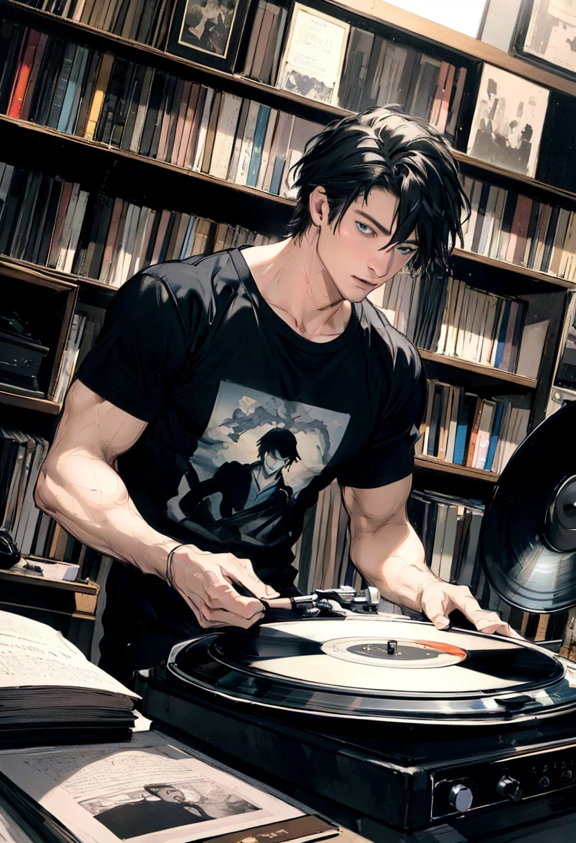 a handsome man in his 20s, short black hair, blue eyes, sitting in a comfortable chair, listening to music on a record player, wearing a t-shirt, manuscript papers scattered around, (best quality,4k,8k,highres,masterpiece:1.2),ultra-detailed,(realistic,photorealistic,photo-realistic:1.37),HDR,UHD,studio lighting,ultra-fine painting,sharp focus,physically-based rendering,extreme detail description,professional,vivid colors,bokeh,portrait