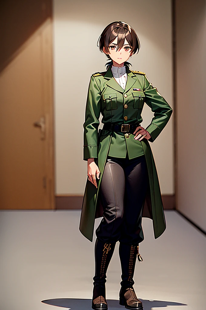 Content: A mature, brown anime woman in a military uniform. She has dark brown eyes, brown skin, brown hair that ends halfway down her back, and military boots. Her military uniform has themes of brown to reflect the desert background, and she carries binoculars. Her appearance is loosely inspired by Erwin Rommel. She wears a confident smile, looking very mature, with her hands on her hips. Medium: Digital art, anime illustration. Style: Pixiv contest winner, fine art, with elements inspired by historical military aesthetics and anime character design. Lighting: Dramatic, with strong contrasts to highlight her authoritative presence and the details of her uniform. Subtle shadows to add depth and realism. Colours: A palette dominated by military greens, browns, and blacks to reflect the desert environment. Composition: A full body shot. She salutes to the camera, showcasing her confidence and authority.