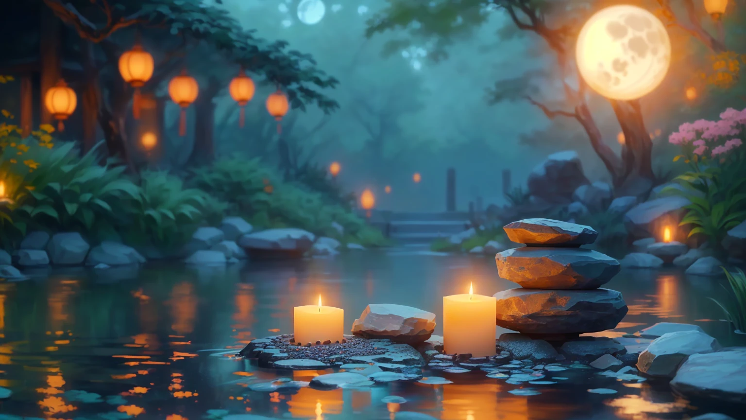 Full moon background、A candle and a stone are placed in the pond, Peaceful atmosphere, Relaxed atmosphere, Zen Nature Background, Relaxing environment, Calm evening atmosphere, relaxed mood, Quiet and peaceful atmosphere, Beautiful atmosphere, Floating Candles, Relaxing concept art, Background artwork, Quiet landscape, Peaceful environment, Zen temple background, Warm and beautiful scenery, Beautiful atmosphere