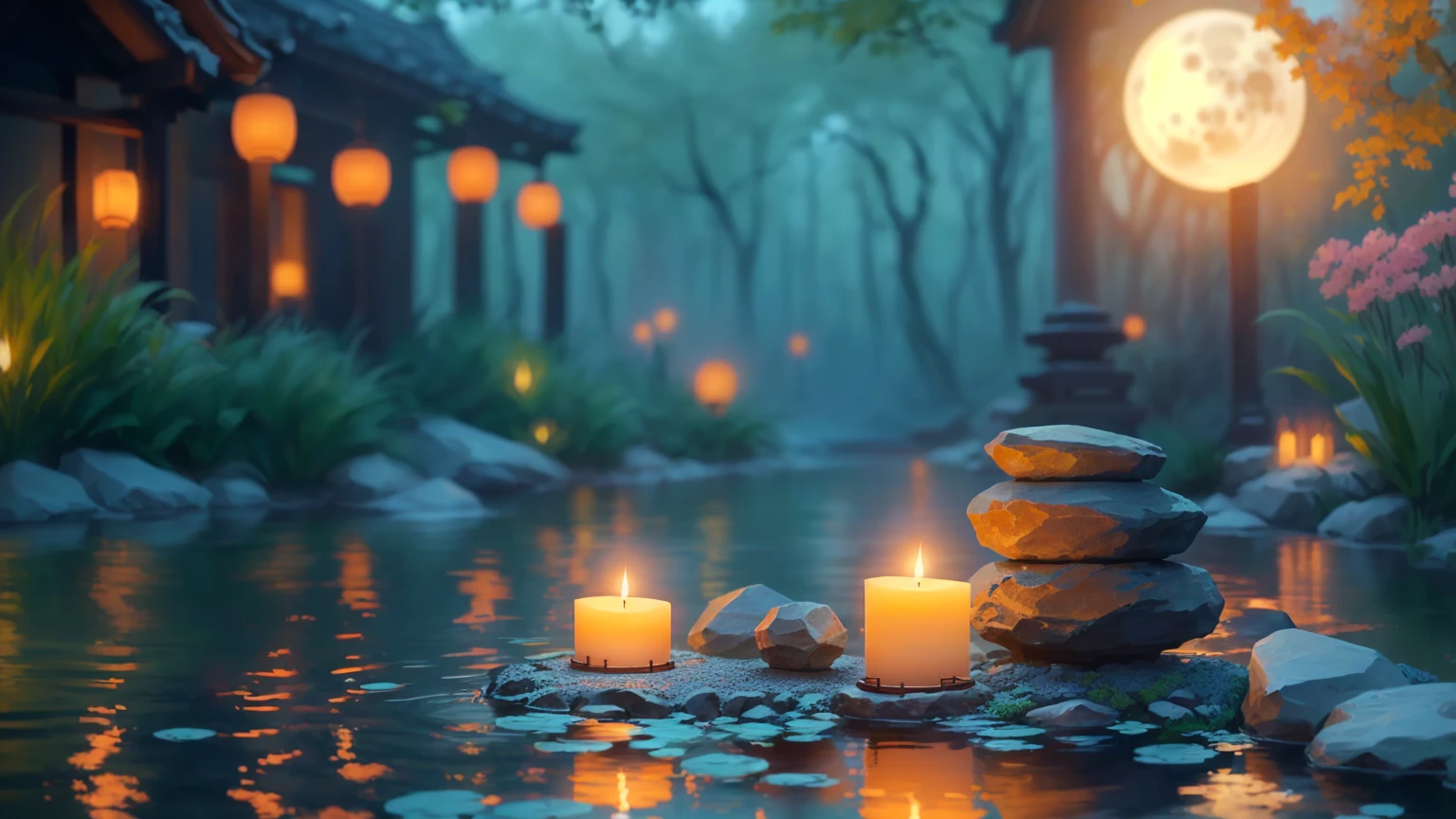 Full moon background、A candle and a stone are placed in the pond, Peaceful atmosphere, Relaxed atmosphere, Zen Nature Background, Relaxing environment, Calm evening atmosphere, relaxed mood, Quiet and peaceful atmosphere, Beautiful atmosphere, Floating Candles, Relaxing concept art, Background artwork, Quiet landscape, Peaceful environment, Zen temple background, Warm and beautiful scenery, Beautiful atmosphere