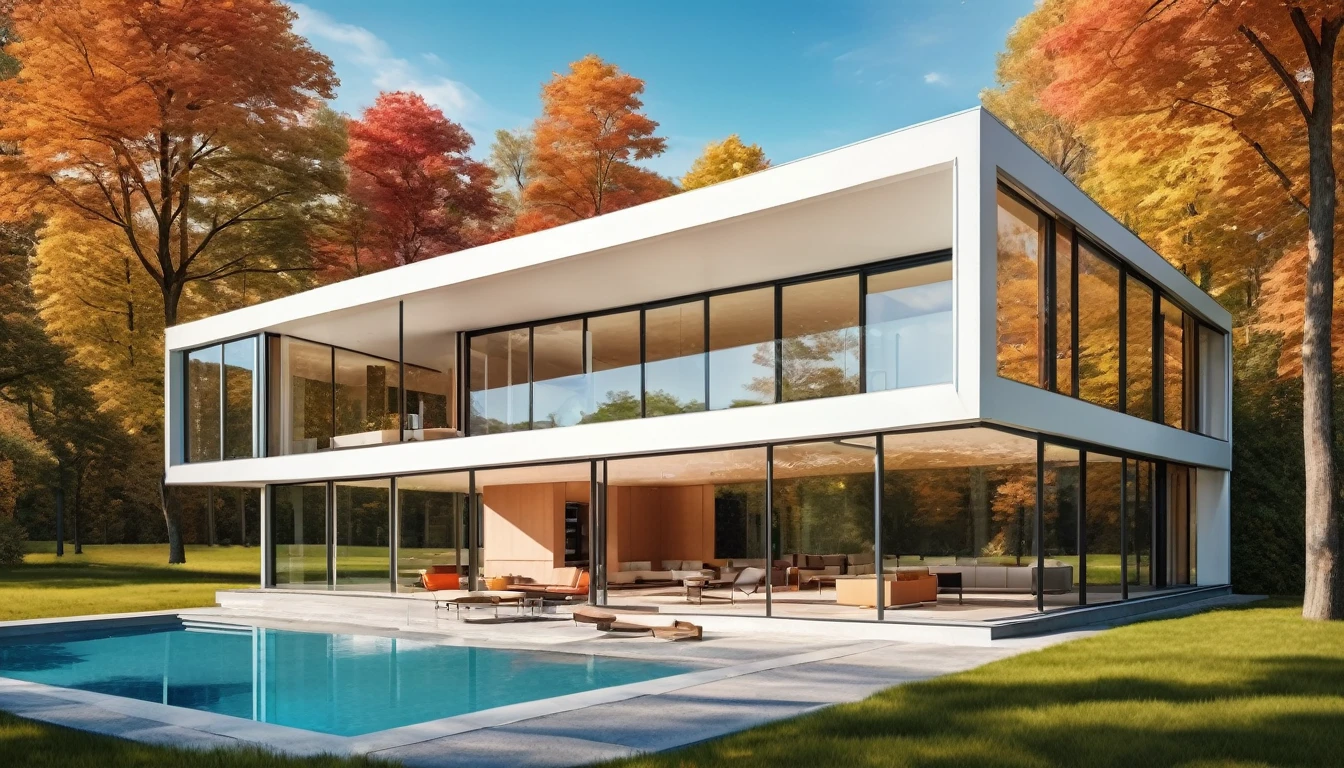 A sleek, modern minimalist house with clean lines, large glass windows, and a minimalist landscape. Style of Ludwig Mies van der Rohe. Hyper realistic photo, vibrant colors, 16k