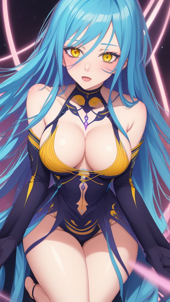 rimuru tempest, blue long hair, yellow eyes, nofilter, 1girl, detailed face, (best quality:1.2), beautiful detailed eyes, perfect anatomy, ahegao face, blush