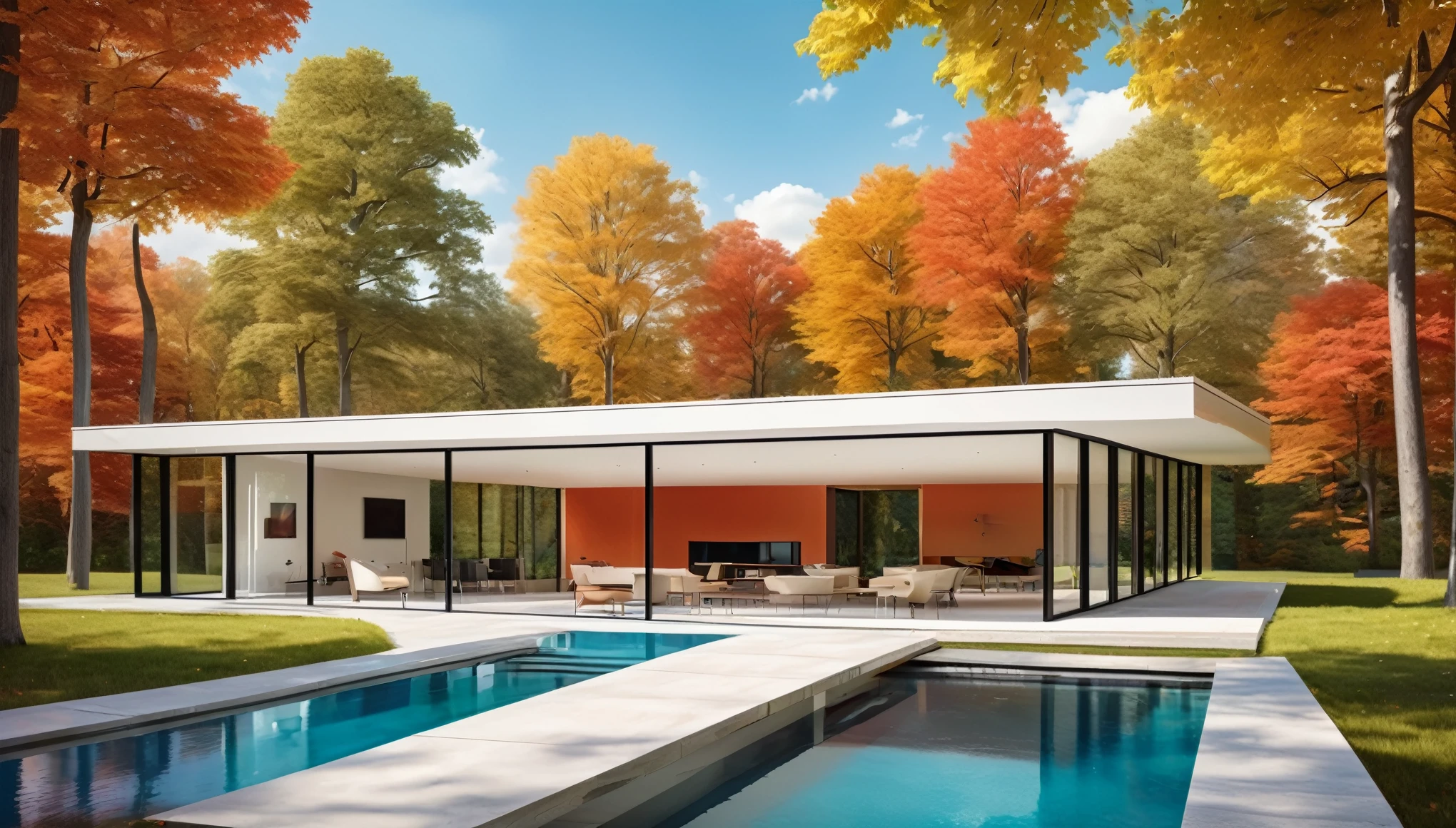 A sleek, modern minimalist house with clean lines, large glass windows, and a minimalist landscape. Style of Ludwig Mies van der Rohe. Hyper realistic photo, vibrant colors, 16k