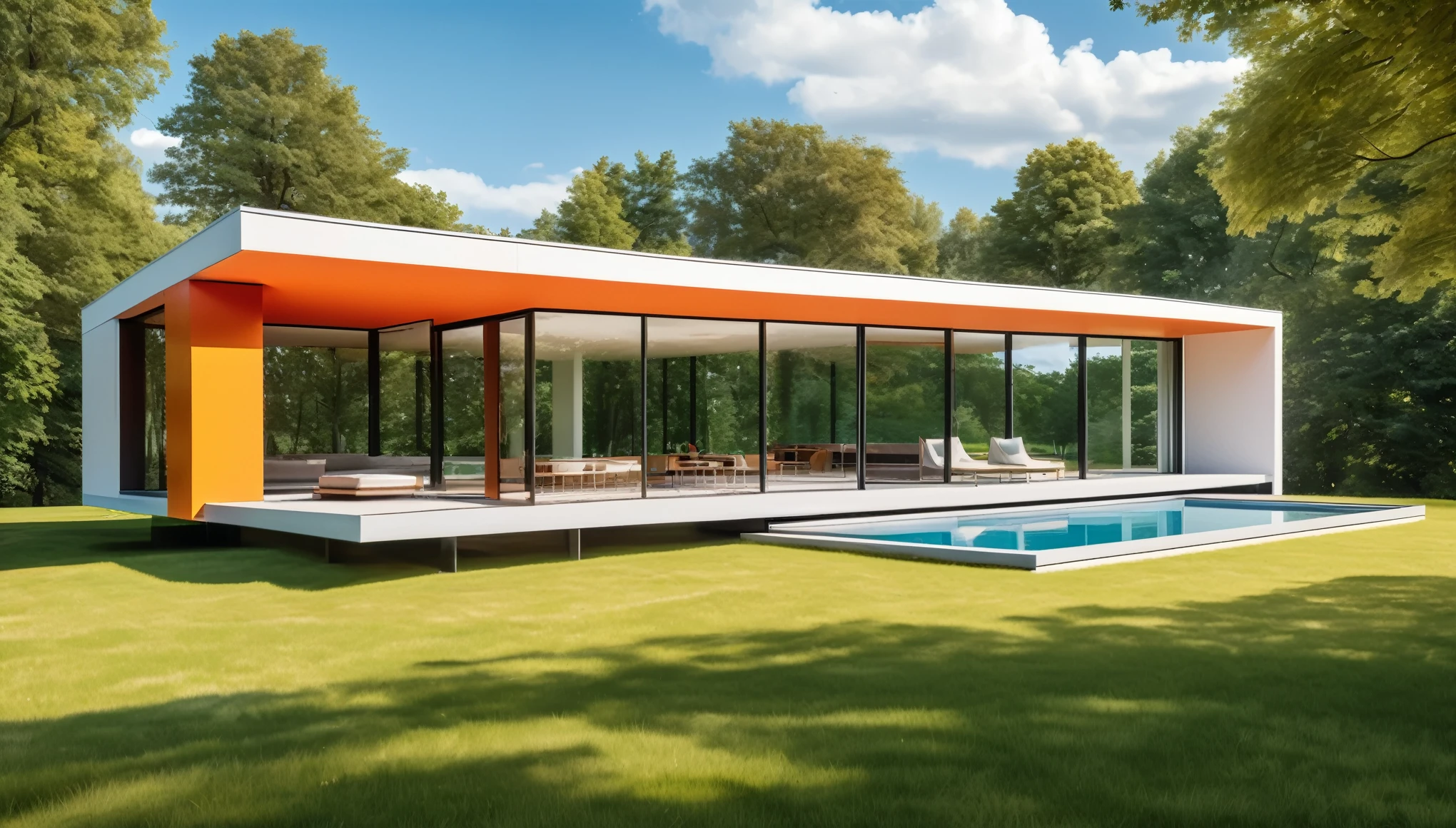 A sleek, modern minimalist house with clean lines, large glass windows, and a minimalist landscape. Style of Ludwig Mies van der Rohe. Hyper realistic photo, vibrant colors, 16k