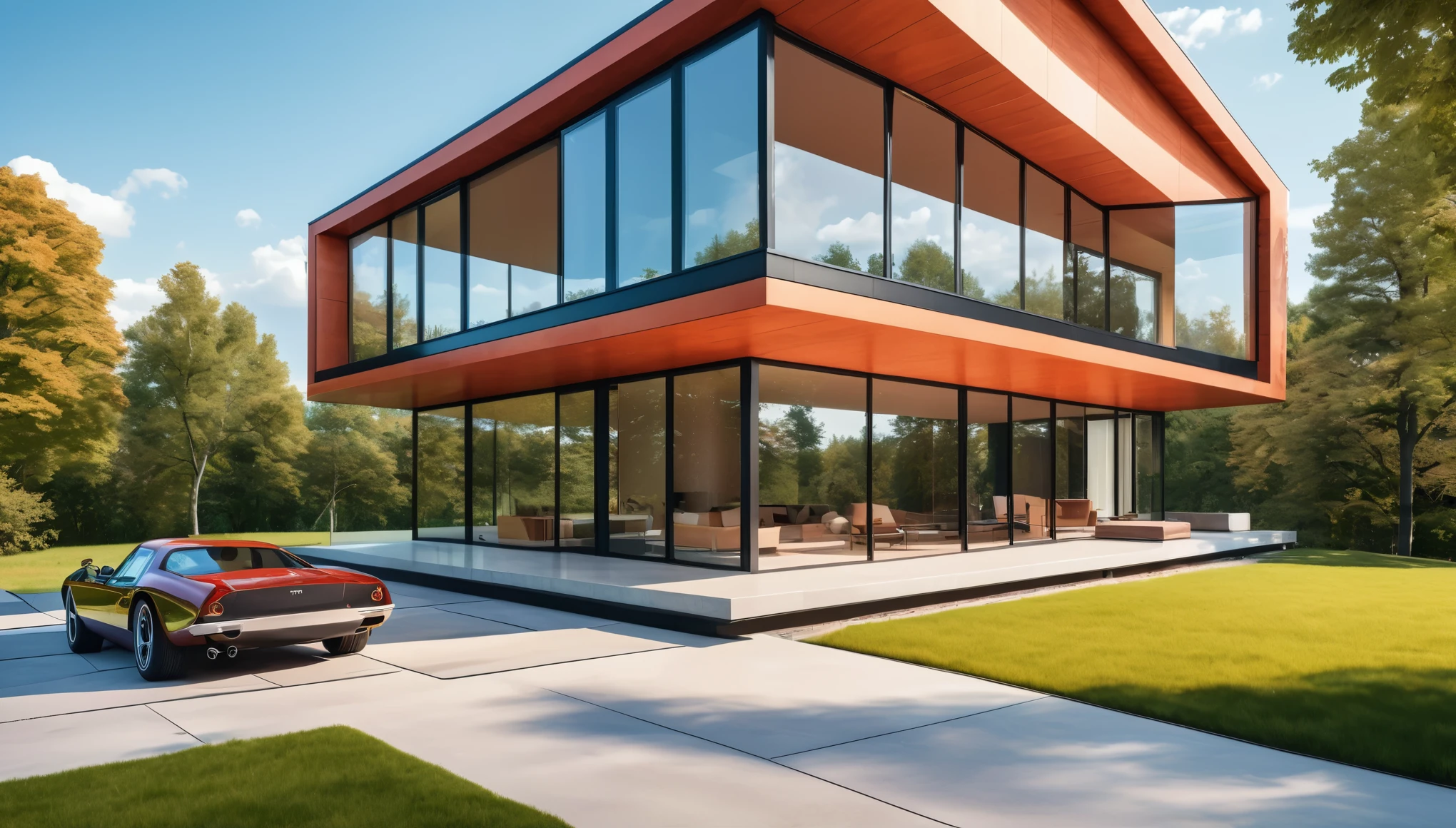 A sleek, modern minimalist house with clean lines, large glass windows, and a minimalist landscape. Style of Ludwig Mies van der Rohe. Hyper realistic photo, vibrant colors, 16k