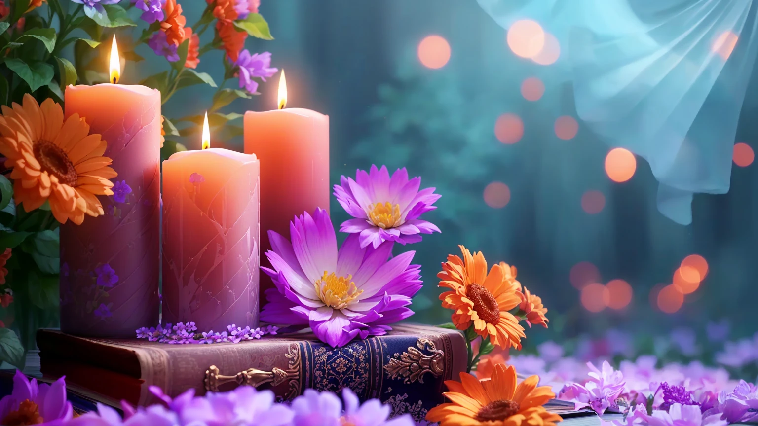 Purple flowers and a candle are placed on a book with a candle, Relaxed atmosphere, relaxed mood, High-resolution wallpapers, Peaceful atmosphere, Beautiful Wallpapers, Very beautiful photos, Magical colorful flowers, Relaxing environment, Glowing Candles, Beautiful atmosphere, books and flowers, Candlelight, Warm and beautiful scenery, Beautiful atmosphere, Peaceful environment, Romantic atmosphere, Light a candle, Romantic atmosphere