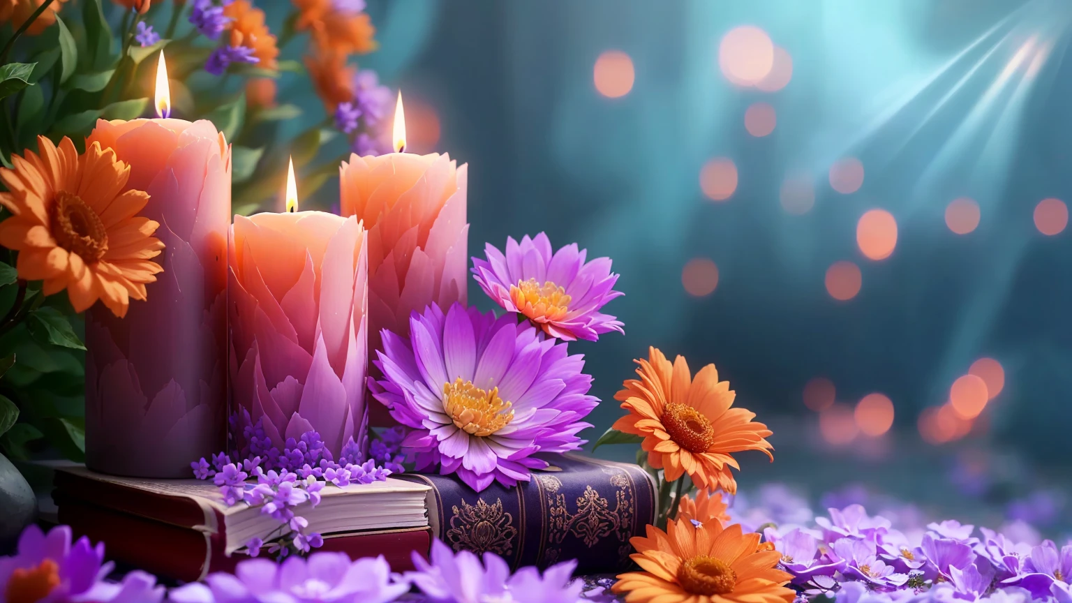 Purple flowers and a candle are placed on a book with a candle, Relaxed atmosphere, relaxed mood, High-resolution wallpapers, Peaceful atmosphere, Beautiful Wallpapers, Very beautiful photos, Magical colorful flowers, Relaxing environment, Glowing Candles, Beautiful atmosphere, books and flowers, Candlelight, Warm and beautiful scenery, Beautiful atmosphere, Peaceful environment, Romantic atmosphere, Light a candle, Romantic atmosphere