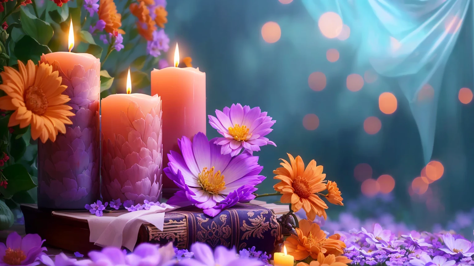 Purple flowers and a candle are placed on a book with a candle, Relaxed atmosphere, relaxed mood, High-resolution wallpapers, Peaceful atmosphere, Beautiful Wallpapers, Very beautiful photos, Magical colorful flowers, Relaxing environment, Glowing Candles, Beautiful atmosphere, books and flowers, Candlelight, Warm and beautiful scenery, Beautiful atmosphere, Peaceful environment, Romantic atmosphere, Light a candle, Romantic atmosphere