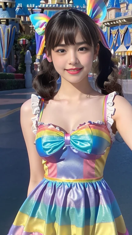 8K, (Ultra HD:1.2), (masterpiece:1.5), 1 Girl, 16 years old,High school student cosplay,Cute face, very beautiful twin tails, fine grain, Small Bust, Baby Doll Costume, (Rainbow color dress costume:1.4), (Retro Filter:1.4), (Fantasy:1.4), (Standing in front of a merry-go-round at night, Under the light:1.5), Airy fluffy soft landscape background, Ultra-realistic, Ultra-high quality cinema lighting, More information, Full HD, Perfect body,smile,150cm,skinny,View your audience,