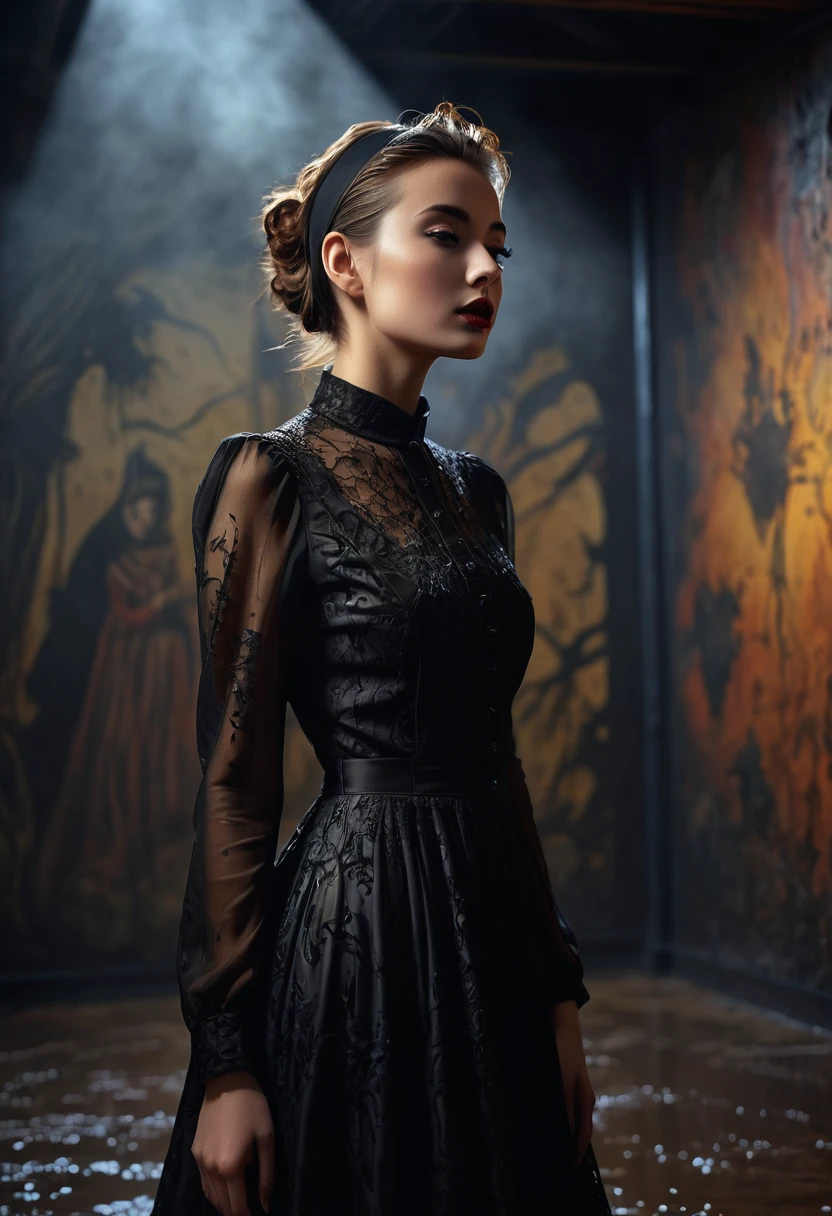 masterpiece, woman in a black dress standing in a dark room, gothic and futuristic, gothic influence, wearing a gothic dress, gothic fashion, grim fashion model looking up, dark and gothic, gothic style, dark gothic dress, vampire fashion, modeling photograph gothic clothing, dark dress, gothic aesthetic, wearing modern gothic clothes, gothic dress, dark garments(realistic:1.3) , finely detailed, quality, (masterpiece:1.2) , (photorealistic:1.2) , (best quality) , (detailed skin:1.3) , (intricate details) , ray tracing, dramatic, 1 girl portrait, (Best Quality, HDR, raw),solo woman, ((dark amber hair pulled back in hairband)), dreamy cumulus land, extraordinary, , flowing evening, she's intrudes, giant dark embraces, hidden, floating, mud the air molecules are alive, the background hand-painted MURAL biological machine, painted background, (hand tinted amber), as she makes her way, no makeup, natural, ethereal lovely, dark shadows and DEEP colors,night, messy hair, film grain, retro, Porta 160 color, shot on ARRI ALEXA 65, long depth of field, raw
