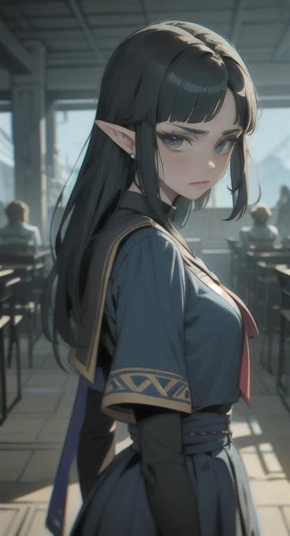 Sweating, Princess Zelda, blue extinction, Hyrule high school, school's uniform, students everywhere, looking at viewer annoyed, front view,