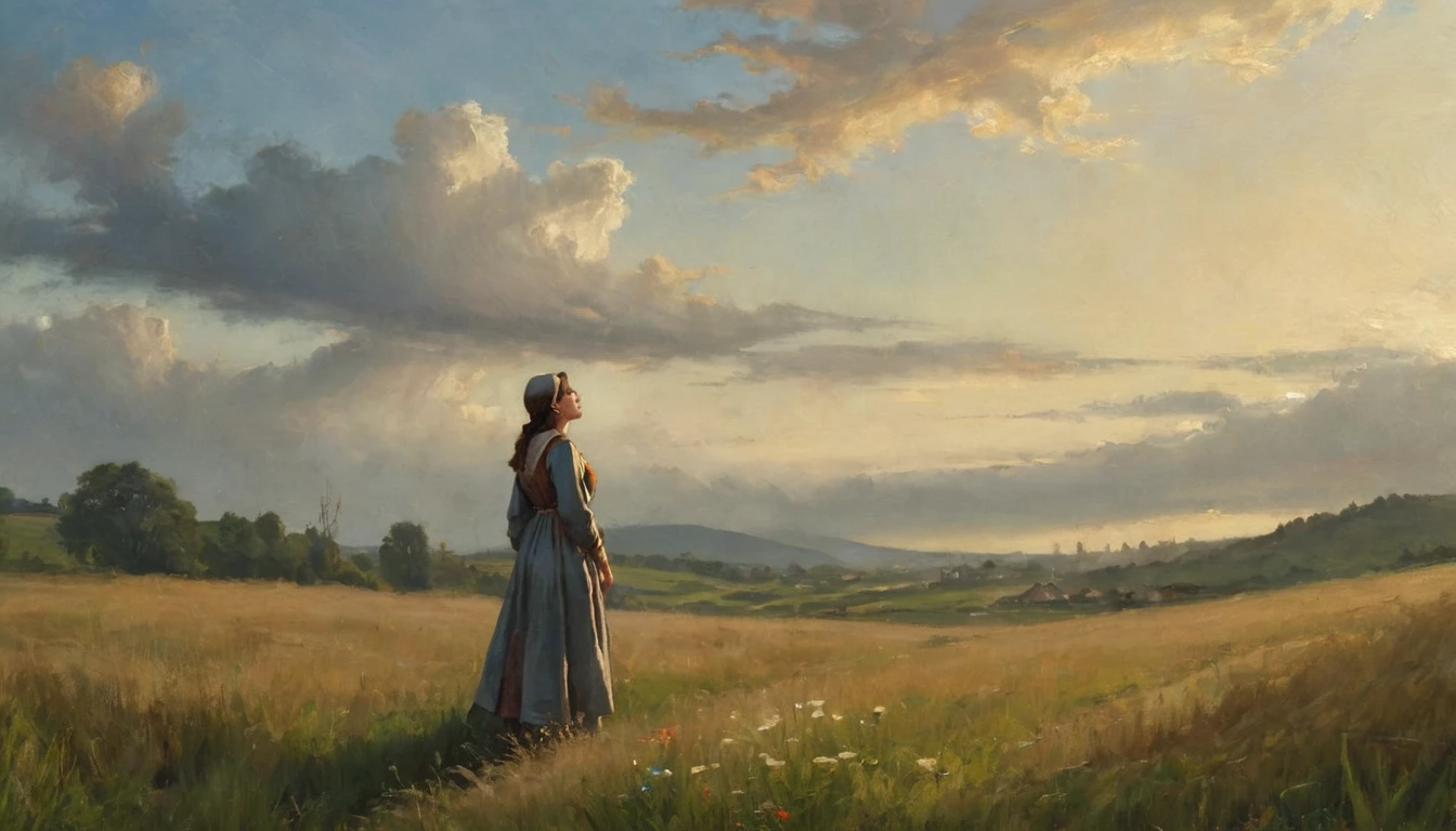 A medieval peasant woman in the middle of a field, looking at the sky while a cloud illuminates her, long shot. The woman is dressed in simple peasant clothing, with a long dress and a cap. She is standing in an open field, surrounded by tall grass and wildflowers. His face is raised towards the sky, with an expression of hope and serenity. Sunlight breaks through a cloud in the sky, softly illuminating the woman and creating a halo of light around her. The background landscape includes gentle hills and a wide sky with scattered clouds, adding a sense of vastness and tranquility to the scene. The composition captures a moment of connection with nature and contemplation in a medieval rural setting., Hyperrealism, Impressionism, close-up, UHD, retina, masterpiece, accurate, anatomically correct, textured skin, super detail, award winning, 8k