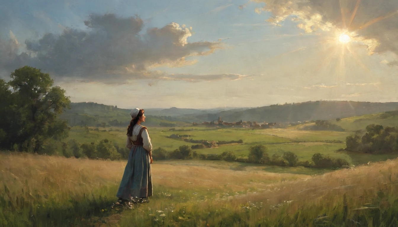 A medieval peasant woman in the middle of a field, looking at the sky while a cloud illuminates her, long shot. The woman is dressed in simple peasant clothing, with a long dress and a cap. She is standing in an open field, surrounded by tall grass and wildflowers. His face is raised towards the sky, with an expression of hope and serenity. Sunlight breaks through a cloud in the sky, softly illuminating the woman and creating a halo of light around her. The background landscape includes gentle hills and a wide sky with scattered clouds, adding a sense of vastness and tranquility to the scene. The composition captures a moment of connection with nature and contemplation in a medieval rural setting., Hyperrealism, Impressionism, close-up, UHD, retina, masterpiece, accurate, anatomically correct, textured skin, super detail, award winning, 8k