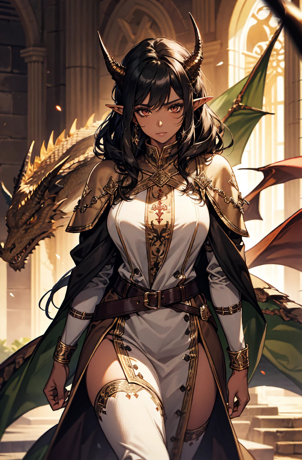 brown skin, older woman, sexy, tall, brown skin, one dragon wing, black hair, elf, elf ears, dragon horns, army, ruler