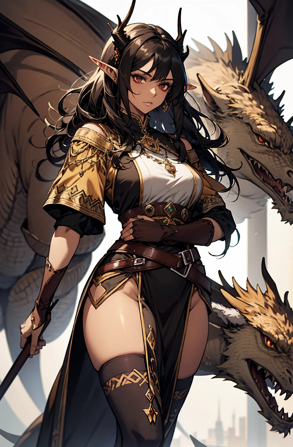 brown skin, older woman, sexy, tall, brown skin, one dragon wing, black hair, elf, elf ears, dragon horns, army, ruler