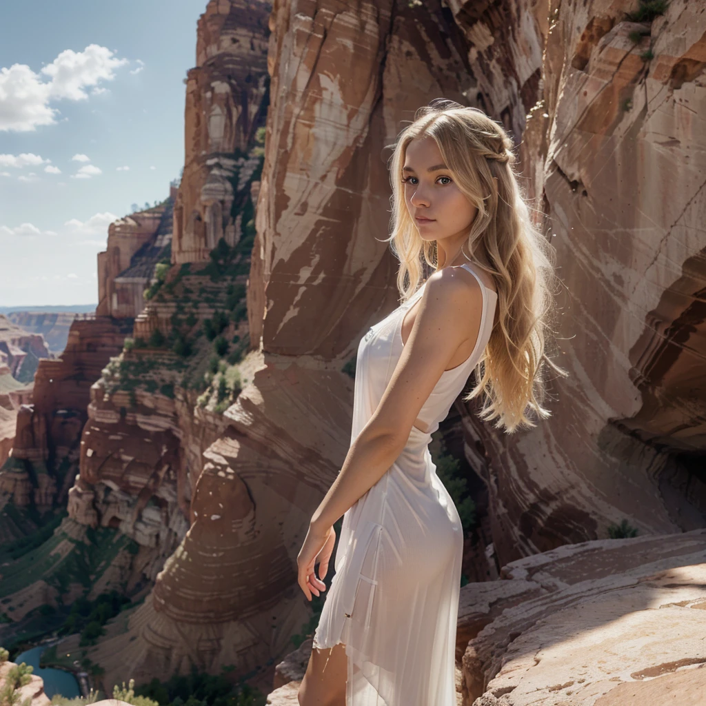 8k, RAW photo, best quality, ultra high resolution, (photorealistic), realistic photo of skinny blonde girl, (skinny blonde girl, 20 years old, most beautiful slavic girl in the world, slim face, blue eyes, blonde hair, wavy hair), in the canyon, red cliffs, (panoramic view of the canyon), sunset, bright light, (full body picture), (photo from the side), standing posing for picture, angel, (halo), ((aura)), holy spirit, (wearing white see through sundress, (white translucent dress)), ((looking at viewer)), submissive look, epic, (extremely detailed CG unity 8k wallpaper), Sharp focus, (bright light)