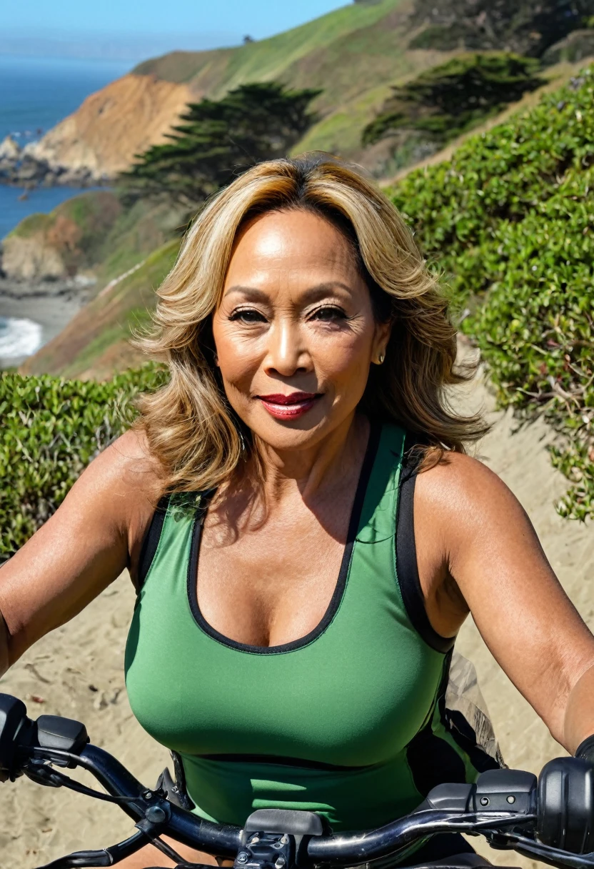 1girl, photorealistic photo of Gloria Diaz, realistic, photo of a Irish woman, middle age, grayish green eyes, medium wavy blonde hair, a 40-year-old woman, body of 40-year-old woman, (((wrinkles on her face and body))), (((half body shot))), (((medium size breast))), (((she is riding riding an ATV motorcycle along the Lower Great Highway Trail in San Francisco. This trail runs parallel to the Pacific Ocean, offering stunning views of the coastline and the crashing waves. The atmosphere is typically refreshing and invigorating, with the salty sea breeze and the sound of seagulls overhead. As she maneuvers the ATV along the trail, she might pass by sandy dunes and patches of coastal vegetation, enjoying the freedom and thrill of off-road riding against the backdrop of San Francisco's iconic Golden Gate Park. The trail itself is a mix of gravel and sand, providing a challenging yet exhilarating terrain for ATV enthusiasts. The woman might be dressed in protective gear, including a helmet, gloves, and sturdy clothing, ensuring safety while navigating the twists and turns of the trail. Her ride could be punctuated by stops to take in panoramic ocean views or to capture memorable moments against the scenic beauty of the California coast.))), she is looking at the camera smiling, (((she is wearing a color orange crisscross sexy lingerie dress))), (((dynamic pose)))