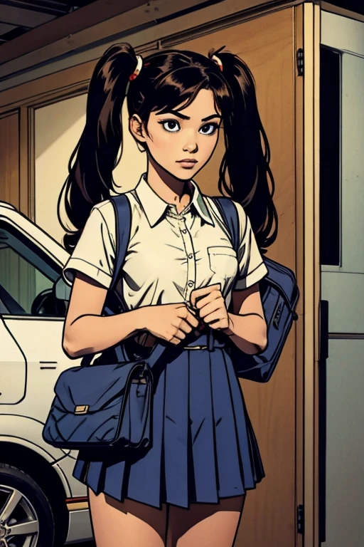 1 girl, standing, deadlines_hideadlinesx style, Home, schoolar uniform, school bag, twintails, car, carrying bag