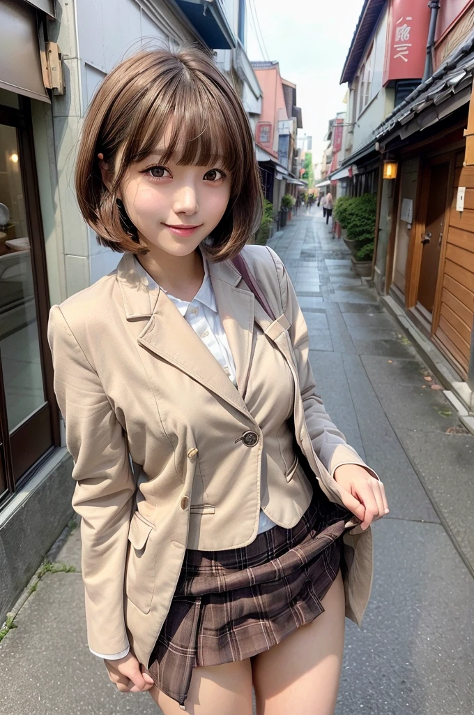One Woman、((Standing wearing a blazer and miniskirt school uniform))、Primary school students,((small breasts)),Highest quality、Very delicate and beautiful、((Very short bangs))、((Bangs))、明るいつやのある茶色の髪のHighest quality、Very delicate and beautiful、((Very short bangs))、((blunt bangs))、Light shiny brown hair、The hair is light、((Short Bob))、Cute face、Young face、Cute like an idol、Are thin、Slim figure、slender、Short、 body type、((The background is a Japanese townscape))、Walking、Thighs、Photographed from the front、The best smile、