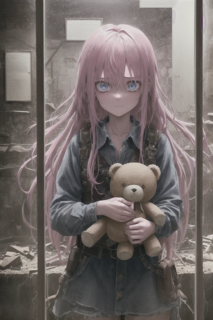 1girl, pink hair, blue eyes, (cowboy_shot:1.2), face focus, long hair, sidelocks, scared,(terrified:1.1) expression, holding teddy bear, atmospheric lighting, moody, darkness, in an old abandoned museum, transparent glass display cases filled with interesting objects, dusty, post-apocalypse, cobwebs, superb, beautiful 8k wallpaper, extremely detailed, intricate