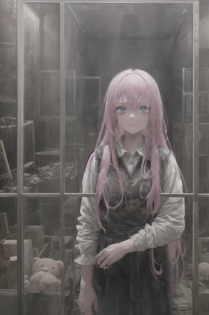 1girl, pink hair, blue eyes, (cowboy_shot:1.2), face focus, long hair, sidelocks, scared,(terrified:1.1) expression, holding teddy bear, atmospheric lighting, moody, darkness, in an old abandoned museum, transparent glass display cases filled with interesting objects, dusty, post-apocalypse, cobwebs, superb, beautiful 8k wallpaper, extremely detailed, intricate