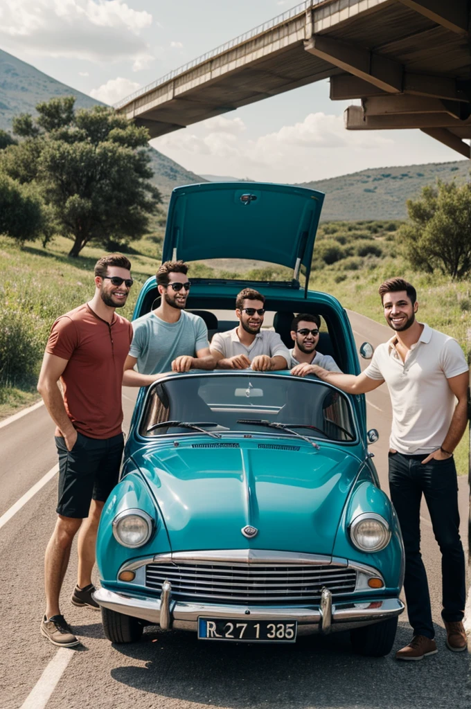 Three male friends and a woman traveling by car 
