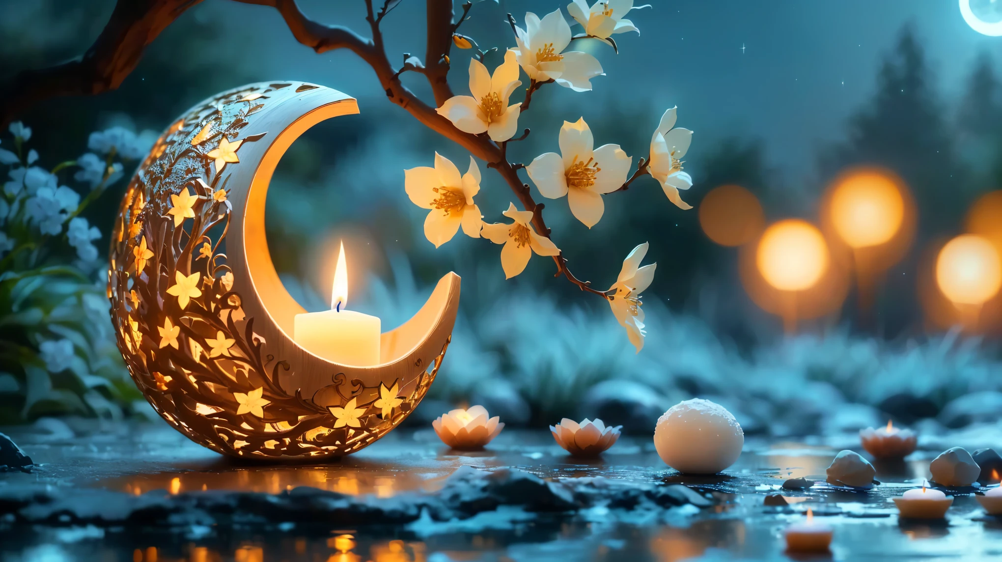 There is a candle lit at midnight, Moon and candle, night with Moon and candle, Peaceful atmosphere, Very beautiful photos, very Peaceful mood, Calm evening atmosphere, High-resolution wallpapers, Relaxed atmosphere, Beautiful Wallpapers, relaxed mood, Peaceful mood, Beautiful digital art, wonderful、wonderful構成, Peaceful atmosphere, Gentle lighting, Beautifully illuminated