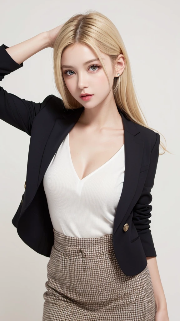 (((teacher、suit、blouse、Jacket、forehead、Blonde、Northern Europe、White people、beautiful girl、Blonde、White background)))、table top, highest quality, figure, super detailed, finely, High resolution, 8k wallpaper, Perfect dynamic composition, detailed and beautiful eyes, Deco out,bionde, super big breasts, Natural color lip,white background, random cute poses,